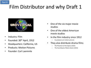 Part R

          Film Distributor and why Draft 1

                                        • One of the six major movie
                                          studios
                                        • One of the oldest American
                                          movie studios
  •      Industry: Film                 • In the film industry since 1912
  •      Founded: 30th April, 1912          –   Its products are motion pictures

  •      Headquarters: California, US   • They also distribute drama films
                                            –   The Phantom of the Opera (1925)
  •      Products: Motion Pictures          –   The Hunchback of Notre Dame (1923)

  •      Founder: Carl Laemmle
 