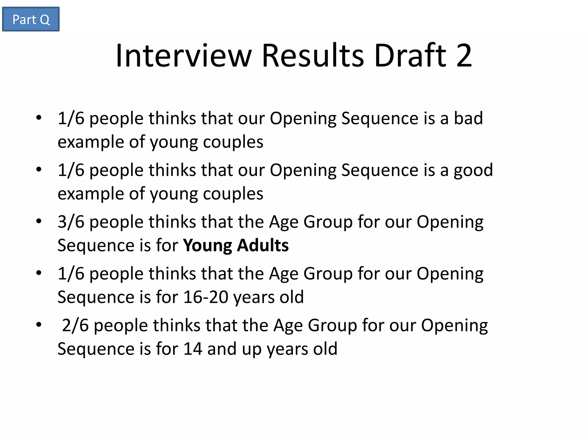 Part Q

            Interview Results Draft 2
   • 1/6 people thinks that our Opening Sequence is a bad
     example of young couples
   • 1/6 people thinks that our Opening Sequence is a good
     example of young couples
   • 3/6 people thinks that the Age Group for our Opening
     Sequence is for Young Adults
   • 1/6 people thinks that the Age Group for our Opening
     Sequence is for 16-20 years old
   • 2/6 people thinks that the Age Group for our Opening
     Sequence is for 14 and up years old
 