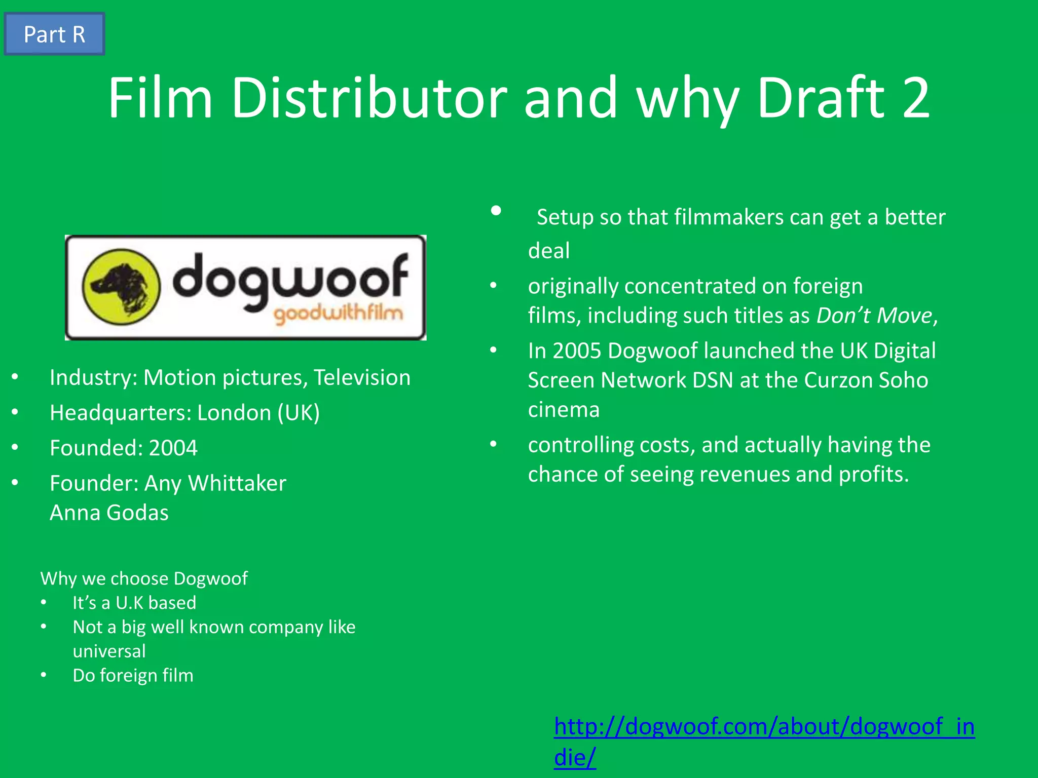 Part R

             Film Distributor and why Draft 2
                                              •    Setup so that filmmakers can get a better
                                                  deal
                                              •   originally concentrated on foreign
                                                  films, including such titles as Don’t Move,
                                              •   In 2005 Dogwoof launched the UK Digital
•     Industry: Motion pictures, Television       Screen Network DSN at the Curzon Soho
•     Headquarters: London (UK)                   cinema
•     Founded: 2004                           •   controlling costs, and actually having the
•     Founder: Any Whittaker                      chance of seeing revenues and profits.
      Anna Godas

     Why we choose Dogwoof
     • It’s a U.K based
     • Not a big well known company like
       universal
     • Do foreign film

                                                    http://dogwoof.com/about/dogwoof_in
                                                    die/
 