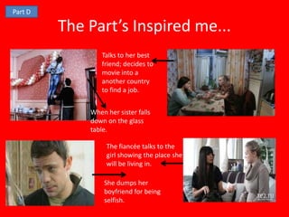 Part D

         The Part’s Inspired me...
                Talks to her best
                friend; decides to
                movie into a
                another country
                to find a job.


             When her sister falls
             down on the glass
             table.

                  The fiancée talks to the
                  girl showing the place she
                  will be living in.

                 She dumps her
                 boyfriend for being
                 selfish.
 