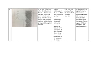 6 A full body shot of Jade
when she is looking at
herself in the mirror in
her living room, after
she’s walked into the
living room, the use of
the full body helps an
audience to identify the
protagonist throughout
the film.
Diegetic-
footsteps and
the sound of the
living room door
opening.
Non diegetic-
soundtrack
continuing.
Jade will be
followed by the
camera into the
living room and
then it will be
focused on her
whole body as
she looks into
the mirror.
A cut from the
previous shot,
this shot will last
for seven
seconds.
As Jades uniform is
slightly formal the
audience can
generalise what job
Jade has and learn
more about the
protagonist which
then allows them to
engage with Jade
throughout the
opening sequence.
 