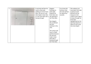 7 A mid-shot will then be
used to show Jade
walking out of her front
door, the use of a mid-
shot makes it clear that
it is her front door she is
leaving through.
Diegetic-
footsteps as
Jade walks
towards her
front door and
the opening of
her front door.
Non diegetic-
the soundtrack
will also
continue in this
shot.
The camera will
stay in a fixed
position because
this will also
make it clear
that Jade is
leaving through
her front door.
A cut from the
previous shot,
this shot will last
for about four
seconds.
The audience are
now aware that Jade
is going to work
because she has
now put on her
uniform and is about
to leave through her
front door,
highlighting that the
opening sequence is
about to start to go
into more depth.
 