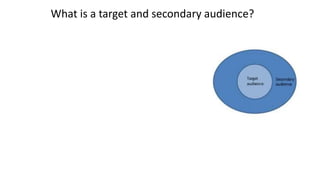 What is a target and secondary audience?
Target audience:
A target audience is the
audience that you are
intentionally making the
product and they are the first
group that you think about
when creating your product.
They are the ones that you
know they will bring you
success because you would
have studied what they want
and so you know that they will
want your product.
Secondary audience:
The secondary audience are the
audience that you didn't initially
think off whilst making your
product, however they will still
want to consume it even though
you didn't study about them and
did not think of them first when
creating your product. They are
anyone who is not in your target
audience.
 