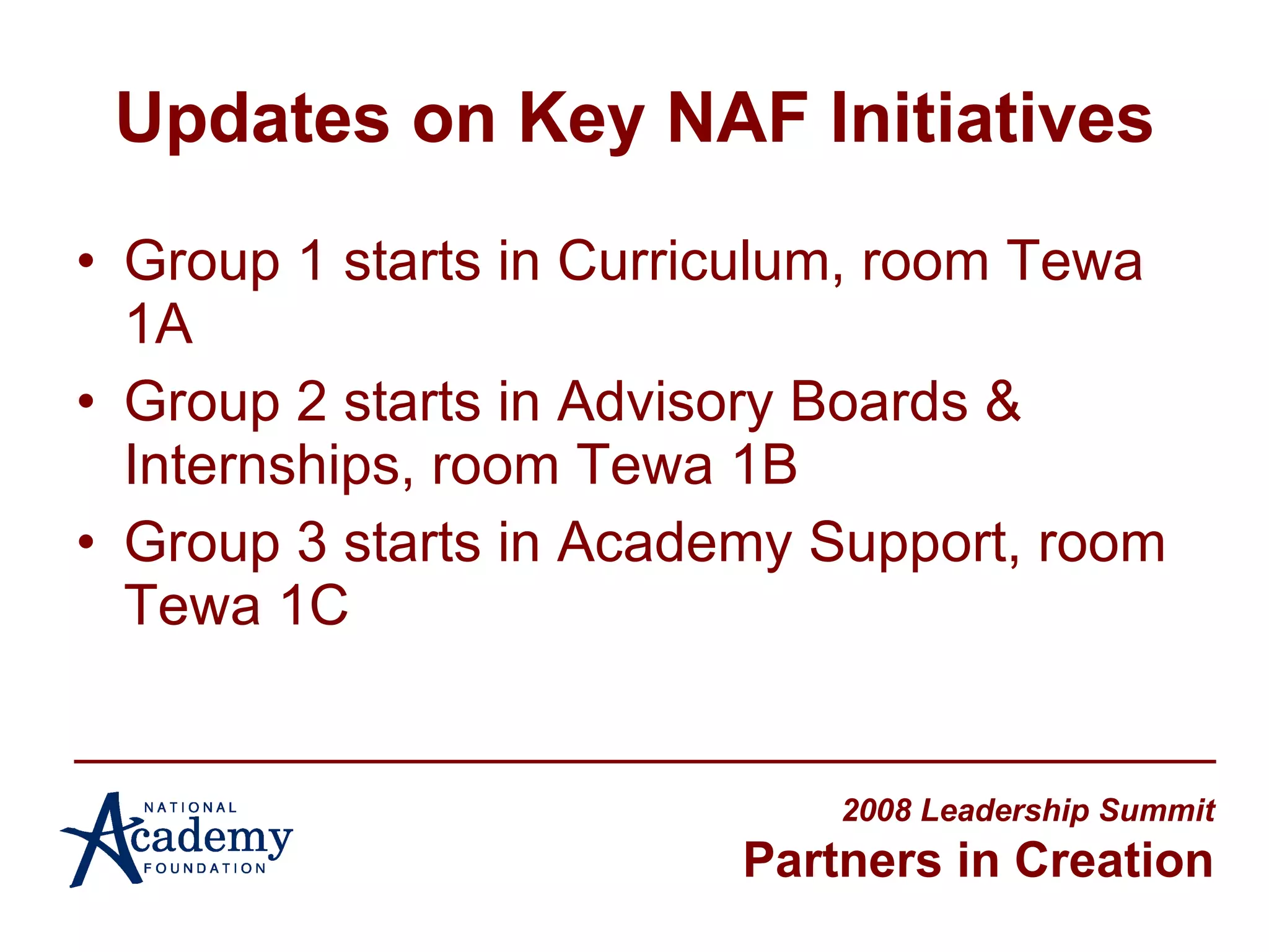 Updates on Key NAF Initiatives Group 1 starts in Curriculum, room Tewa 1A Group 2 starts in Advisory Boards & Internships, room Tewa 1B Group 3 starts in Academy Support, room Tewa 1C 2008 Leadership Summit Partners in Creation 