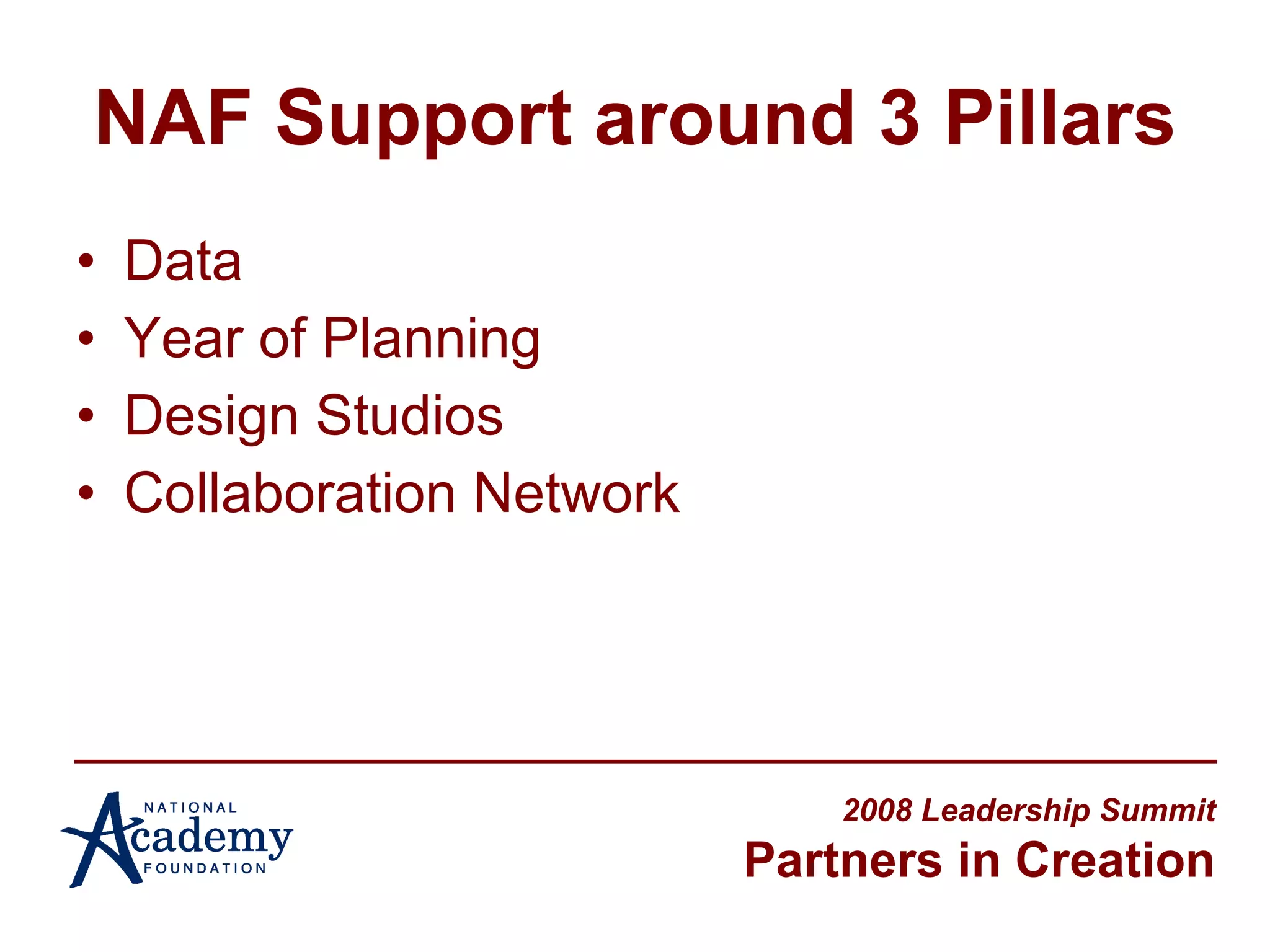 NAF Support around 3 Pillars Data Year of Planning Design Studios Collaboration Network 2008 Leadership Summit Partners in Creation 