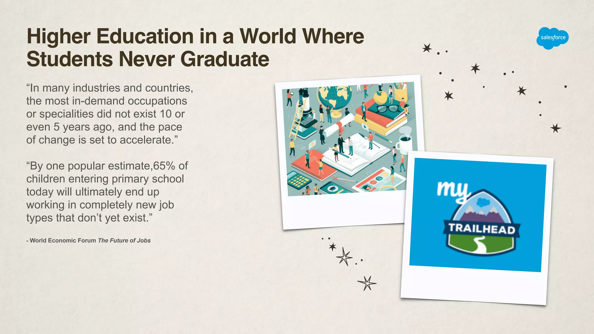 Product & Industry Keynotes
“In many industries and countries,
the most in-demand occupations
or specialities did not exist 10 or
even 5 years ago, and the pace
of change is set to accelerate.”
“By one popular estimate,65% of
children entering primary school
today will ultimately end up
working in completely new job
types that don’t yet exist.”
- World Economic Forum The Future of Jobs
Higher Education in a World Where
Students Never Graduate
 