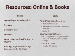 Resources: Online & Books
Online
• ISM College Counseling Site
• Naviance
• University Sites
• Reviews
• Country/Region Specific Search
Engines
• Rankings – QS World Rankings,
Country Specific Rankings

Books
• Parent Transition Resources
• The Naked Roommate
• The Global Nomad’s Guide to University
Transition
• Letting Go

• Country Specific Guides
• US - College Board College Handbook
and Book of Majors, Fiske Guide to
Colleges
• UK - HEAP Guides
• Canada – MacLean’s

 