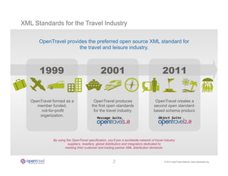 XML Standards for the Travel Industry

       OpenTravel provides the preferred open source XML standard for
                       the travel and leisure industry.



       1999                                     2001                                         2011


   OpenTravel formed as a                  OpenTravel produces                          OpenTravel creates a
      member funded,                      the first open standards                     second open standard-
        not-for-profit                     for the travel industry.                    based schema product.
       organization.




              By using the OpenTravel specification, you’ll join a worldwide network of travel industry
                        suppliers, resellers, global distributors and integrators dedicated to
                      meeting their customer and trading partner XML distribution demands.



                                                         2	
                                   © 2013 OpenTravel Alliance | www.opentravel.org
 