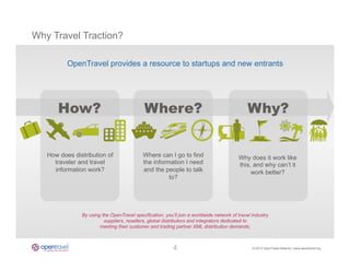 Why Travel Traction?

          OpenTravel provides a resource to startups and new entrants




      How?                                  Where?                                            Why?


   How does distribution of                 Where can I go to find                       Why does it work like
     traveler and travel                    the information I need                       this, and why can’t it
     information work?                      and the people to talk                            work better?
                                                      to?




               By using the OpenTravel specification, you’ll join a worldwide network of travel industry
                         suppliers, resellers, global distributors and integrators dedicated to
                       meeting their customer and trading partner XML distribution demands.



                                                          4	
                                   © 2013 OpenTravel Alliance | www.opentravel.org
 