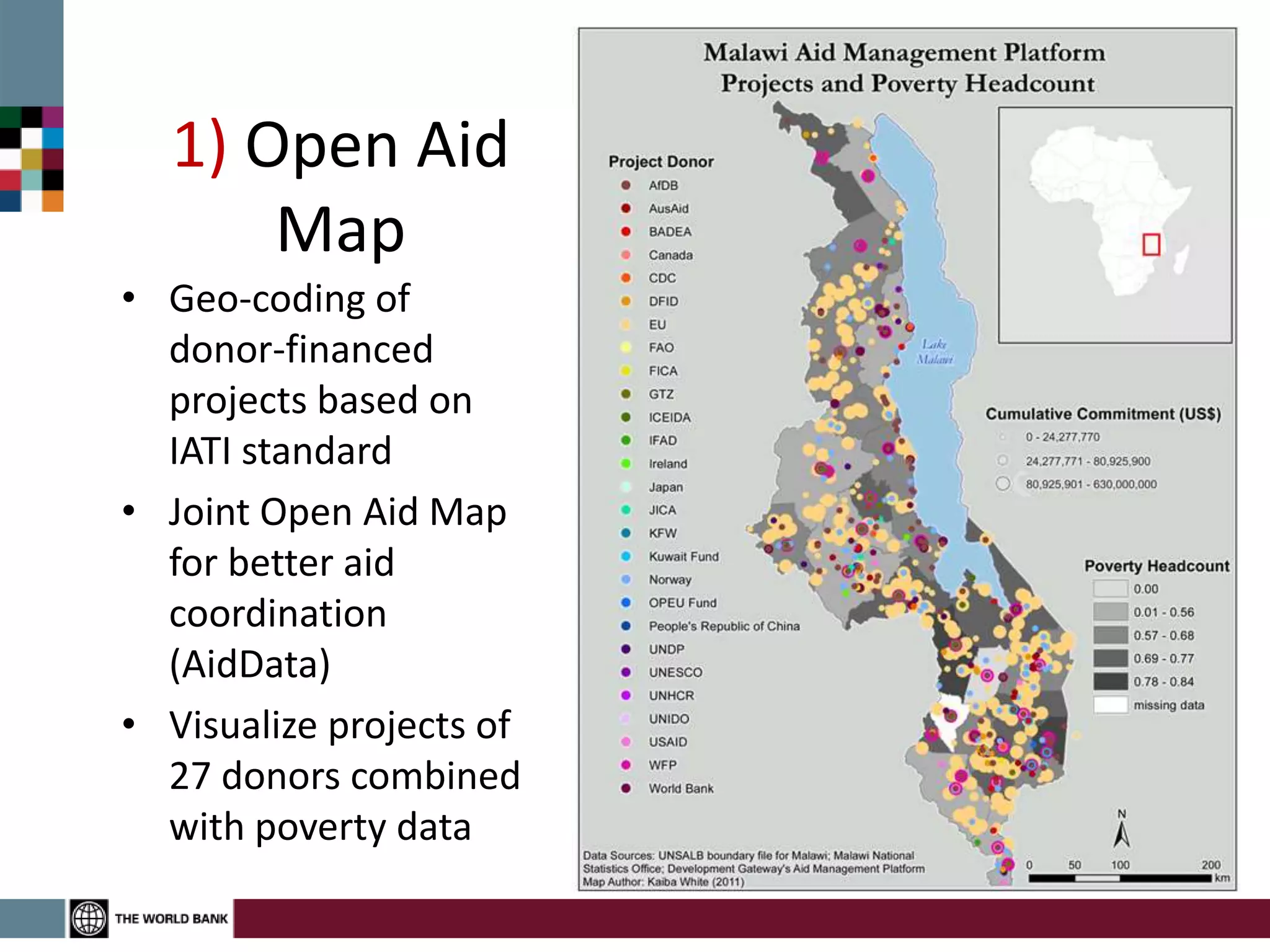 1) Open Aid
Map
• Geo-coding of
donor-financed
projects based on
IATI standard
• Joint Open Aid Map
for better aid
coordination
(AidData)
• Visualize projects of
27 donors combined
with poverty data
 