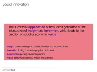 Social Innovation




   The successful application of new ideas generated at the
   intersection of insight and invention, which leads to the
   creation of social or economic value


  Insight understanding the context, histories and work of others
  Invention finding and developing the best ideas
  Application putting ideas into practice
  Value capturing outcomes, impact and learning
 