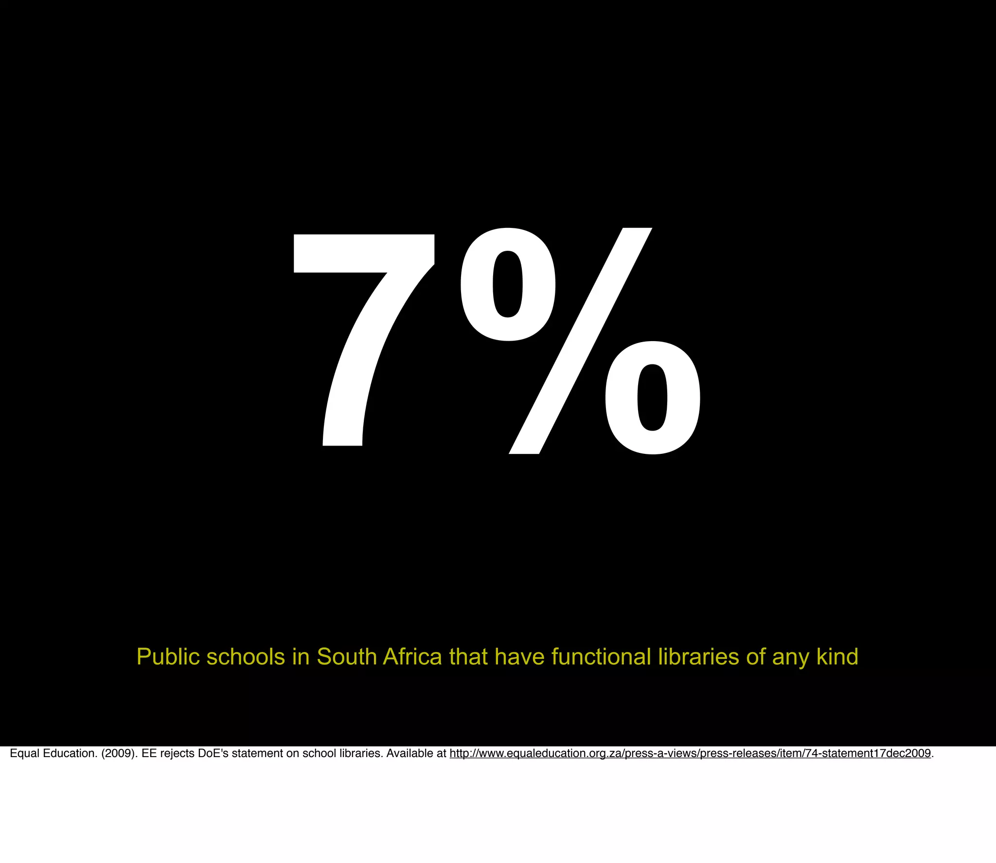7%
                       Public schools in South Africa that have functional libraries of any kind


Equal Education. (2009). EE rejects DoE's statement on school libraries. Available at http://www.equaleducation.org.za/press-a-views/press-releases/item/74-statement17dec2009.
 