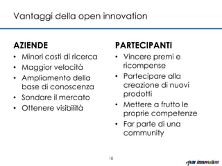 Vantaggi della open innovation


AZIENDE                          PARTECIPANTI
• Minori costi di ricerca        • Vincere premi e
• Maggior velocità                 ricompense
• Ampliamento della              • Partecipare alla
  base di conoscenza               creazione di nuovi
• Sondare il mercato               prodotti
• Ottenere visibilità            • Mettere a frutto le
                                   proprie competenze
                                 • Far parte di una
                                   community


                            10
 