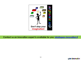 Don’t stop your
                             imagination!



Contact us an innovation expert is available for you: info@open-innovation.it




                                     12
 