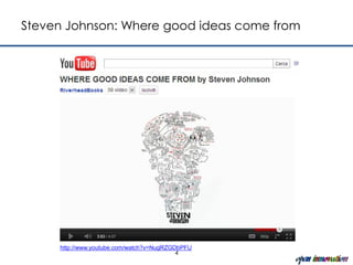 Steven Johnson: Where good ideas come from




     http://www.youtube.com/watch?v=NugRZGDbPFU
                                           4
 