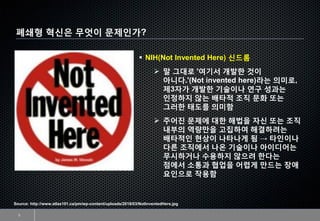 폐쇄형 혁신은 무엇이 문제인가?
3
▪ NIH(Not Invented Here) 신드롬
➢ 말 그대로 '여기서 개발한 것이
아니다.'(Not invented here)라는 의미로,
제3자가 개발한 기술이나 연구 성과는
인정하지 않는 배타적 조직 문화 또는
그러한 태도를 의미함
➢ 주어진 문제에 대한 해법을 자신 또는 조직
내부의 역량만을 고집하여 해결하려는
배타적인 현상이 나타나게 됨 → 타인이나
다른 조직에서 나온 기술이나 아이디어는
무시하거나 수용하지 않으려 한다는
점에서 소통과 협업을 어렵게 만드는 장애
요인으로 작용함
Source: http://www.atlas101.ca/pm/wp-content/uploads/2018/03/NotInventedHere.jpg
 