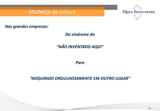 Mudança de cultura
22
Nas grandes empresas:
Da síndrome do
“NÃO INVENTADO AQUI”
Para
“ADQUIRIDO ORGULHOSAMENTE EM OUTRO LUGAR”
 