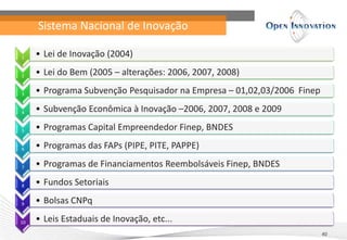 Sistema Nacional de Inovação
40
1 • Lei de Inovação (2004)
2 • Lei do Bem (2005 – alterações: 2006, 2007, 2008)
3 • Programa Subvenção Pesquisador na Empresa – 01,02,03/2006 Finep
4 • Subvenção Econômica à Inovação –2006, 2007, 2008 e 2009
5 • Programas Capital Empreendedor Finep, BNDES
6 • Programas das FAPs (PIPE, PITE, PAPPE)
7 • Programas de Financiamentos Reembolsáveis Finep, BNDES
8 • Fundos Setoriais
9 • Bolsas CNPq
10 • Leis Estaduais de Inovação, etc...
 