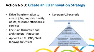 Action No 3: Create an EU Innovation Strategy
• Drive Transformation to
create jobs, improve quality
of life, resource efficiencies,
services
• Focus on Disruptive and
architectural innovation
• Appoint an EU CTO/Chief
Innovation Officer
• Leverage US example
 