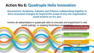 Action No 6: Quadruple Helix Innovation
Government, Academia, Industry and Citizens collaborating together to
drive structural changes far beyond the scope of any one organization
could achieve on it’s own
Involve all stakeholders in quadruple helix to innovate and experiment in real
world settings, in creating frictionless ecosystems
Government/Public
Academic
Industry
Citizen
 