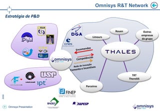 Omnisys R&T Network

 Estratégia de P&D


                                           Rouen               Outras
                                                              empresas
                                 Limours
                                                              do grupo




                                                     TRT
                                                   ThereSIS

                            Parceiros




47   Omnisys Presentation
 