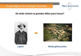 O paradigma da Inovação Fechada

       De onde vinham as grandes idéias para inovar?




        1 gênio                      Muitos gênios juntos


                                                            7
 