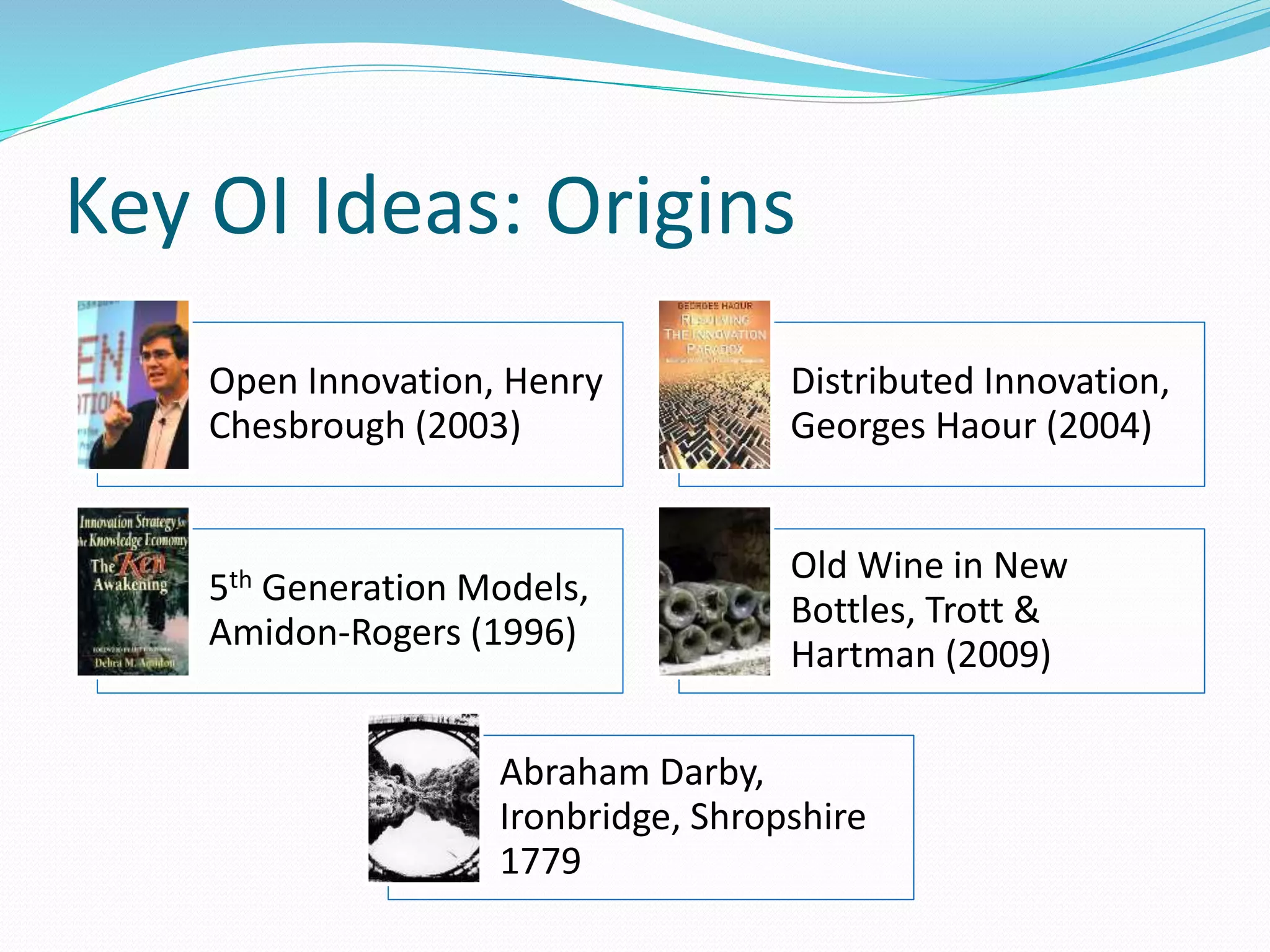 Key OI Ideas: Origins
Open Innovation, Henry
Chesbrough (2003)
Distributed Innovation,
Georges Haour (2004)
5th Generation Models,
Amidon-Rogers (1996)
Old Wine in New
Bottles, Trott &
Hartman (2009)
Abraham Darby,
Ironbridge, Shropshire
1779
 