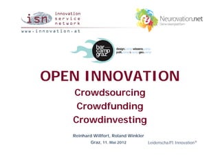 OPEN INNOVATION
   Crowdsourcing
    Crowdfunding
   Crowdinvesting
   Reinhard Willfort, Roland Winkler
           Graz, 11. Mai 2012          Leidenschaff t Innovation®
 