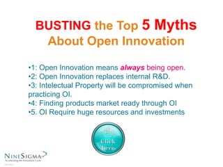 BUSTING the Top 5 Myths
About Open Innovation
•1: Open Innovation means always being open.
•2: Open Innovation replaces internal R&D.
•3: Intelectual Property will be compromised when
practicing OI.
•4: Finding products market ready through OI
•5. OI Require huge resources and investments
 