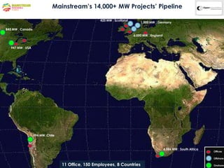 Mainstream’s 14,000+ MW Projects’ Pipeline

                                                    420 MW : Scotland
                                                                            1,000 MW : Germany

845 MW : Canada
                                                                        6,000 MW : England


  947 MW : USA




                  994 MW :Chile



                                                                                             4,086 MW : South Africa
                                                                                                                       Offices

                                                                                                                       Offshore

                                  11 Office, 150 Employees, 8 Countries                                                Onshore
 