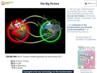 The Big Picture
                                                                   “...We can get 100 percent of
                                                                   our energy from wind, water,
                                                                   and solar (WWS) power. And
                                                                   we can do it today—efficiently,
                                                                   reliably, safely, sustainably, and
                                                                   economically...

                                                                   ...The obstacles to this
                                                                   transformation are primarily
                                                                   social and political, not
                                                                   technical or economic...”

                                                                             Dr Mark Delucchi
                                                                             University of California




230,000 MW Wind Power installed globally by December 2011

    25 % of this in China
    20 % in USA
    12 % in Germany
     9 % in Spain
                                                                                  IEEE Spectrum
                  Supergrid is the key technology for this transformation         September 2011
 