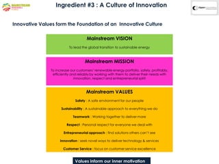 Ingredient #3 : A Culture of Innovation


Innovative Values form the Foundation of an Innovative Culture

                                     Mainstream VISION
                          To lead the global transition to sustainable energy



                                    Mainstream MISSION
               To increase our customers‟ renewable energy portfolio, safely, profitably,
                efficiently and reliably by working with them to deliver their needs with
                              innovation, respect and entrepreneurial spirit



                                     Mainstream VALUES
                              Safety : A safe environment for our people

                     Sustainability : A sustainable approach to everything we do

                            Teamwork : Working together to deliver more

                        Respect : Personal respect for everyone we deal with

                       Entrepreneurial approach : find solutions others can‟t see

                    Innovation : seek novel ways to deliver technology & services

                      Customer Service : focus on customer service excellence


                              Values inform our inner motivation
 