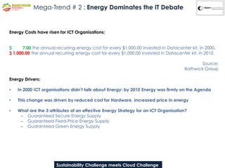 Mega-Trend # 2 : Energy Dominates the IT Debate


Energy Costs have risen for ICT Organisations;


$      7.00 the annual recurring energy cost for every $1,000.00 invested in Datacenter kit, in 2000.
$ 1,000.00 the annual recurring energy cost for every $1,000.00 invested in Datacenter kit, in 2010.

                                                                                              Source:
                                                                                      Bathwick Group

Energy Drivers:

•   In 2000 ICT organisations didn’t talk about Energy: by 2010 Energy was firmly on the Agenda

•   This change was driven by reduced cost for Hardware, increased price in energy

•   What are the 3 attributes of an effective Energy Strategy for an ICT Organisation?
     – Guaranteed Secure Energy Supply
     – Guaranteed Fixed-Price Energy Supply
     – Guaranteed Green Energy Supply




                       SustainabilityCompany Proprietary & Confidential Information
                                      Challenge meets Cloud Challenge
 