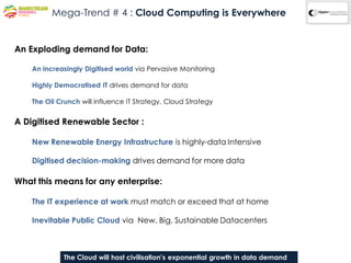 Mega-Trend # 4 : Cloud Computing is Everywhere


An Exploding demand for Data:

    An increasingly Digitised world via Pervasive Monitoring

    Highly Democratised IT drives demand for data

    The Oil Crunch will influence IT Strategy, Cloud Strategy


A Digitised Renewable Sector :

    New Renewable Energy Infrastructure is highly-data Intensive

    Digitised decision-making drives demand for more data

What this means for any enterprise:

    The IT experience at work must match or exceed that at home

    Inevitable Public Cloud via New, Big, Sustainable Datacenters



              The Cloud will host civilisation’s exponential growth in data demand
 