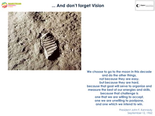 ... And don’t forget Vision




                  We choose to go to the moon in this decade
                            and do the other things,
                         not because they are easy,
                         but because they are hard,
                  because that goal will serve to organize and
                   measure the best of our energies and skills,
                          because that challenge is
                      one that we are willing to accept,
                      one we are unwilling to postpone,
                       and one which we intend to win.
                                        President John F. Kennedy
                                               September 12, 1962
 