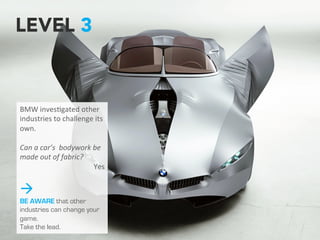I
LEVEL 3
BMW	
  inves2gated	
  other	
  
industries	
  to	
  challenge	
  
its	
  own.	
  	
  
	
  
Can	
  a	
  car’s	
  	
  bodywork	
  be	
  
made	
  out	
  of	
  fabric?	
  
Yes	
  
à
BE AWARE that other
industries can change
your game.
Take the lead.
 