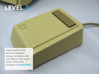 I
Apple	
  based	
  its	
  ﬁrst	
  
personal	
  computer	
  
mouse,	
  included	
  in	
  
the	
  Lisa	
  1983,	
  on	
  the	
  
mouse	
  of	
  the	
  1970’s	
  
Alto	
  computer	
  of	
  
Xerox	
  PARC.	
  
LEVEL 2
 