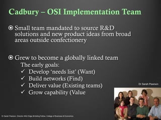 Cadbury – OSI Implementation Team
 Small team mandated to source R&D
solutions and new product ideas from broad
areas outside confectionery
 Grew to become a globally linked team
The early goals:
 Develop ‘needs list’ (Want)
 Build networks (Find)
 Deliver value (Existing teams)
 Grow capability (Value

Dr Sarah Pearson, Director ANU Edge &Visiting Fellow, College of Business & Economics

Dr Sarah Pearson

 