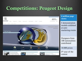 Competitions: Peugeot Design
4 million page
views
5 demonstration
models exhibited
at auto
marketing events

Designers from
100 nationalities
contributed

10.000 prizes
5th year of the
contest

 