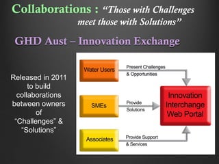 Collaborations : “Those with Challenges
meet those with Solutions”

GHD Aust – Innovation Exchange

Released in 2011
to build
collaborations
between owners
of
“Challenges” &
“Solutions”

 