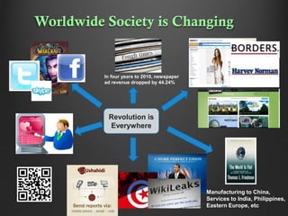 Worldwide Society is Changing

In four years to 2010, newspaper
ad revenue dropped by 44.24%

Revolution is
Everywhere

Manufacturing to China,
Services to India, Philippines,
Eastern Europe, etc

 