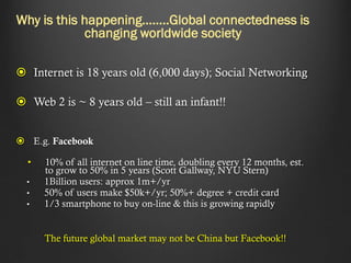 Why is this happening……..Global connectedness is
changing worldwide society
 Internet is 18 years old (6,000 days); Social Networking

 Web 2 is ~ 8 years old – still an infant!!
 E.g. Facebook
•
•
•
•

10% of all internet on line time, doubling every 12 months, est.
to grow to 50% in 5 years (Scott Gallway, NYU Stern)
1Billion users: approx 1m+/yr
50% of users make $50k+/yr; 50%+ degree + credit card
1/3 smartphone to buy on-line & this is growing rapidly

The future global market may not be China but Facebook!!

 