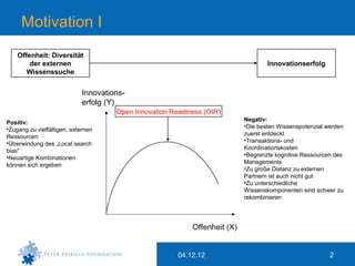 Motivation I
    Offenheit: Diversität
        der externen                                                               Innovationserfolg
       Wissenssuche


                            Innovations-
                            erfolg (Y)
                                     Open Innovation Readiness (OIR)
                                                                           Negativ:
Positiv:
                                                                           •Die besten Wissenspotenzial werden
•Zugang zu vielfältigen, externen
                                                                           zuerst entdeckt
Ressourcen
                                                                           •Transaktions- und
•Überwindung des „Local search
                                                                           Koordinationskosten
bias“
                                                                           •Begrenzte kognitive Ressourcen des
•Neuartige Kombinationen
                                                                           Managements
können sich ergeben
                                                                           •Zu große Distanz zu externen
                                                                           Partnern ist auch nicht gut
                                                                           •Zu unterschiedliche
                                                                           Wissenskomponenten sind schwer zu
                                                                           rekombinieren




                                                           Offenheit (X)


                                                       04.12.12                                          2
 
