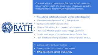 • 9+ academic collaborations under way or under discussion
• 4 Open Innovation Team visits and 1 Policy Lab visit
• 3 policy events at Bath’s London office
• 2 Cabinet Office Policy School workshops for students
• 1 talk in our Whitehall speaker series, Thought Experiment
• 1 maths event as part of our conference series, Outside View
• 1 talk on industrial strategy as part of a series we created for BEIS
Our work with the University of Bath has so far focused on
labour market, health and social policy challenges, including
childcare reform, the minimum wage and loneliness.
• Quarterly partnership board meetings
• Branding on all Open Innovation Team outputs
• 2 PhD placements agreed or underway
 