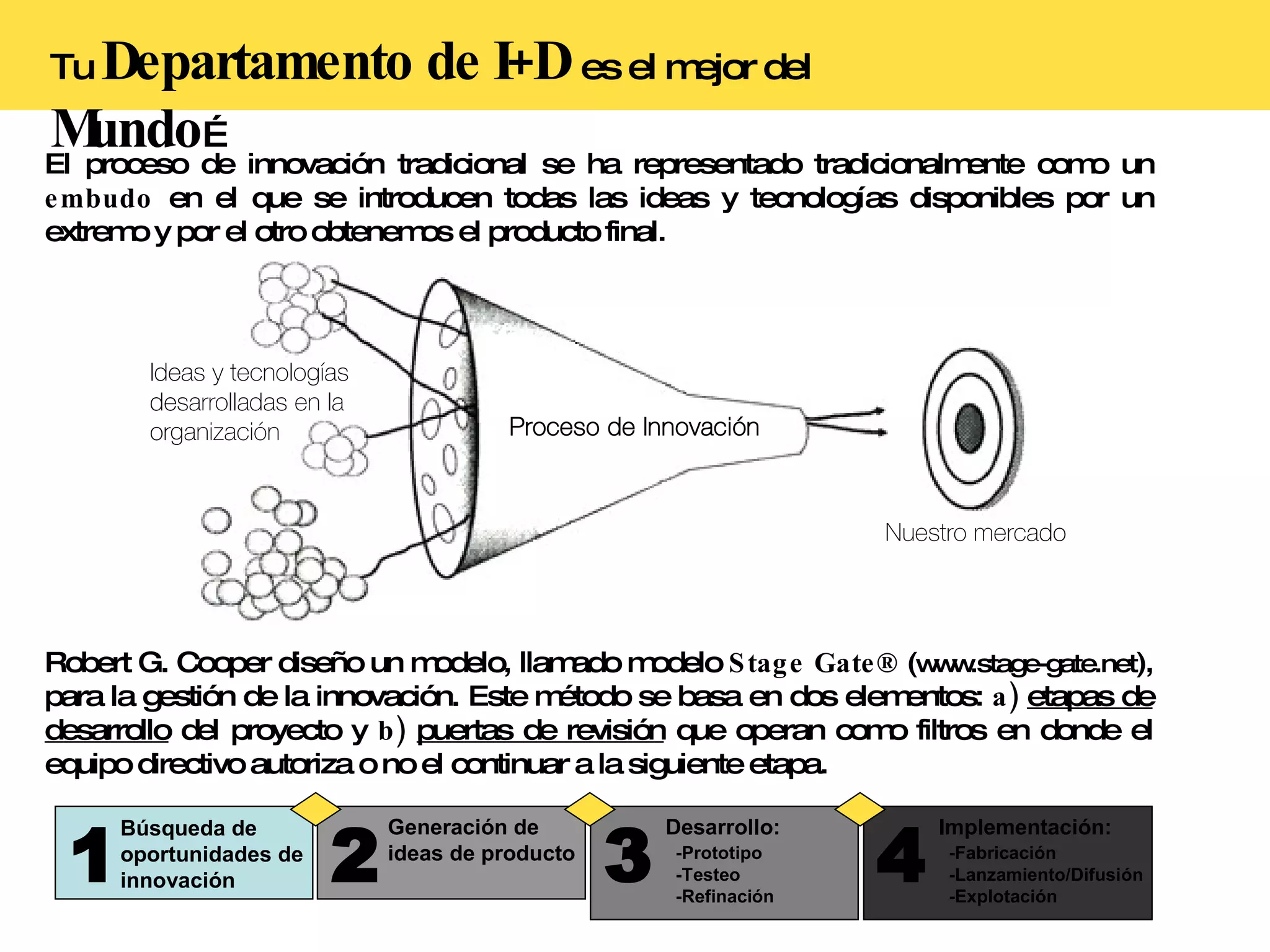 Tu  Departamento de I+D   es el mejor del  Mundo … El proceso de innovación tradicional se ha representado tradicionalmente como un  embudo  en el que se introducen todas las ideas y tecnologías disponibles por un extremo y por el otro obtenemos el producto final. Robert G. Cooper diseño un modelo, llamado modelo  Stage Gate®  ( www.stage-gate.net ), para la gestión de la innovación. Este método se basa en dos elementos:  a)   etapas de desarrollo  del proyecto y  b)   puertas de revisión  que operan como filtros en donde el equipo directivo autoriza o no el continuar a la siguiente etapa. 