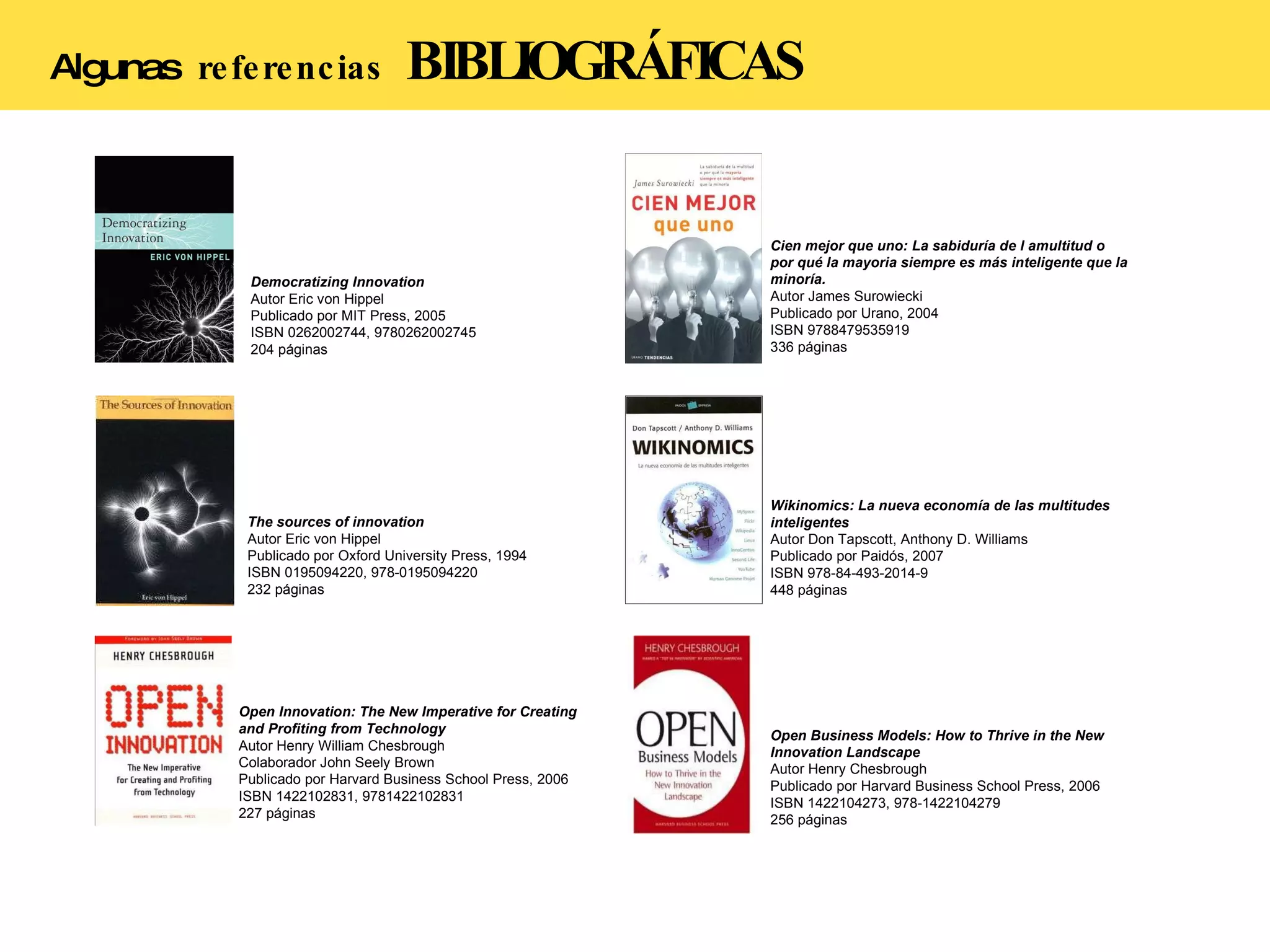 Algunas   referencias   BIBLIOGRÁFICAS Open Innovation: The New Imperative for Creating and Profiting from Technology Autor Henry William Chesbrough Colaborador John Seely Brown Publicado por Harvard Business School Press, 2006 ISBN 1422102831, 9781422102831 227 páginas The sources of innovation Autor Eric von Hippel Publicado por Oxford University Press, 1994 ISBN 0195094220, 978-0195094220 232 páginas Democratizing Innovation Autor Eric von Hippel Publicado por MIT Press, 2005 ISBN 0262002744, 9780262002745 204 páginas Open Business Models: How to Thrive in the New Innovation Landscape Autor Henry Chesbrough Publicado por Harvard Business School Press, 2006 ISBN 1422104273, 978-1422104279 256 páginas Wikinomics: La nueva economía de las multitudes inteligentes Autor Don Tapscott, Anthony D. Williams Publicado por Paidós, 2007 ISBN 978-84-493-2014-9 448 páginas Cien mejor que uno: La sabiduría de l amultitud o por qué la mayoria siempre es más inteligente que la minoría. Autor James Surowiecki Publicado por Urano, 2004 ISBN 9788479535919 336 páginas 