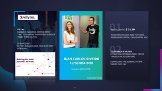01
02
Founders (CEO & CTO)
JUAN CARLOS RIVEIRO
ELISENDA BOU
VILYNX 
ENABLING MACHINES, FOR THE FIRST
TIME, TO LEARN BY THEMSELVES IN ORDER
TO LET THEM HELP US.
50 EMPLOYEES.
OFFICES IN BARCELONA, PALO ALTO AND
NEW YORK.
RAISED CAPITAL: $ 14.5M
INVESTORS INCLUDE: KIBO VENTURES,
RIDGEWOOD CAPITAL, CAIXA CAPITAL RISC
TELEFONICA & VILYNX:
EXTRACTING METADATA FROM VIDEOS
THROUGH ML ALGORITHMS.
CONNECTING THE AUDIENCE TO THE
VIDEOS THEY LIKE.
43
Innovation Funds
 