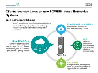 Clients leverage Linux on new POWER8-based Enterprise Systems 
Open Innovation with Linux: 
• 
Simplify operations of client-facing Linux applications 
• 
Improve efficiency and quality of service through integration and co-location of critical back-office applications 
Power IFL 
Co-Location 
Enterprise-class, secure private cloud for Linux consolidation of applications and databases 
QoS 
Services, applications, and databases that have high Quality of Service needs 
Simplified Ops 
Simplify operations and environment through shared services aligned to business processes & policy groups 
Private Cloud, consolidation 
Co-location of applications 
with a secure affinity to data  
