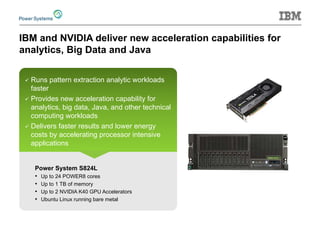 IBM and NVIDIA deliver new acceleration capabilities for analytics, Big Data and Java 
 
Runs pattern extraction analytic workloads faster 
 
Provides new acceleration capability for analytics, big data, Java, and other technical computing workloads 
 
Delivers faster results and lower energy costs by accelerating processor intensive applications 
Power System S824L 
• 
Up to 24 POWER8 cores 
• 
Up to 1 TB of memory 
• 
Up to 2 NVIDIA K40 GPU Accelerators 
• 
Ubuntu Linux running bare metal  