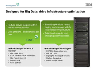 Designed for Big Data: drive infrastructure optimization 
 
Reduce server footprint with in- memory consolidation 
 
Cost Efficient - 3x lower cost per user 
IBM Data Engine for NoSQL Solution 
• 
IBM Power S822L 
• 
CAPI-Attached FPGA Accelerator 
• 
IBM FlashSystem 840 
• 
Ubuntu Linux 
• 
Redis Software 
 
Simplify operations - easy deploy and manage with 3x less storage infrastructure 
 
Adapt and scale to your changing analytics needs 
IBM Data Engine for Analytics 
• 
POWER8 Scale-out servers 
• 
Red Hat Linux 
• 
BigInsights (Hadoop) & Streams 
• 
Platform Computing 
• 
Elastic Storage Server  